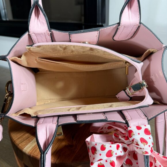 Pink Faux Leather Top Handle Satchel with Strawberry Twilly & Coin Purse Charm - Picture 11 of 15